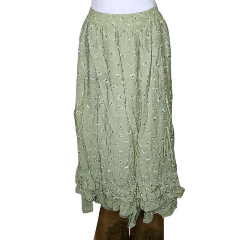 Ruffled Maxi Skirt Womens 3XL Green Tiered Femme Floral Ruched Milkmaid Cottage